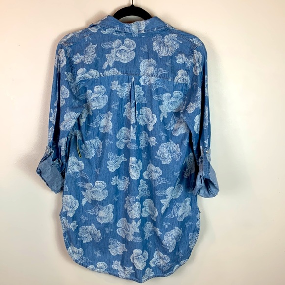 Taxi Floral Print Button Front Chambray Shirt - Picture 2 of 8